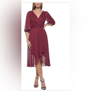 DKNY Maroon Pleated Belted Balloon Sleeve Surplice‎ MIDI Faux Wrap dress size 2